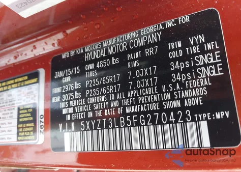 2015 Hyundai Santa Fe Sport 2.4L from USA, damaged, VIN 5XYZT3LB5FG270423